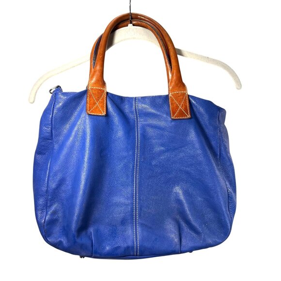 Amber Rose Handbags - Amber Rose Blue Leather Purse Shoulder Bag Italy Tan Handles Zippers Pockets